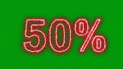 Neon signs with 5 and 50 percent off discounts on green background, promotional sale symbols with glowing red numbers and percentages with advertising and marketing