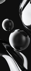 Abstract silver spheres float, dark background, design concept