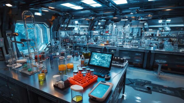 T showcases a science lab filled with a diverse range of equipment and instruments A futuristic laboratory engaged in biotechnology research