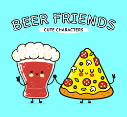 Beer and pizza slice kawaii characters finding friendship