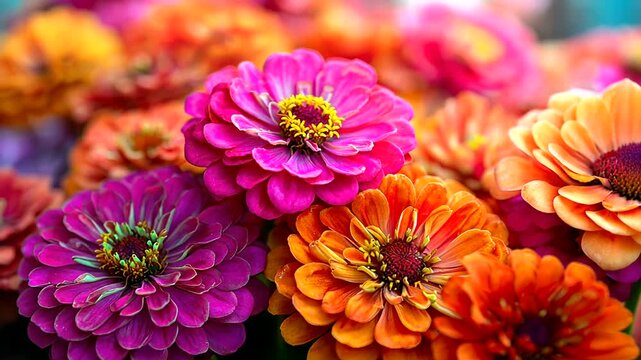A vibrant close-up of colorful zinnia flowers, showing various hues of pink, orange, purple, and yellow