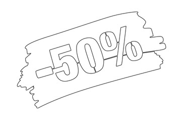 Continuous one line drawing of Minus Fifty percent. Single line drawing illustration of Sale Minus 50 percent. Shop Discount concept vector art. Doodle line illustration.