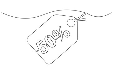 Continuous one line drawing of Minus Fifty percent. Single line drawing illustration of Sale Minus 50 percent. Shop Discount concept vector art. Doodle line illustration.