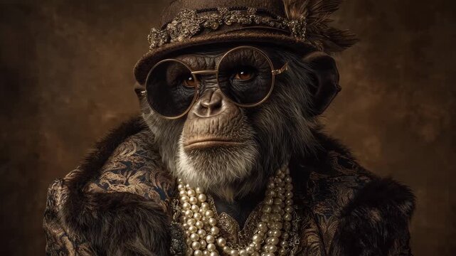A monkey wearing a pink fur coat, casually smoking a cigarette.
