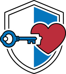 Shield with heart and key symbolizing love and security protection