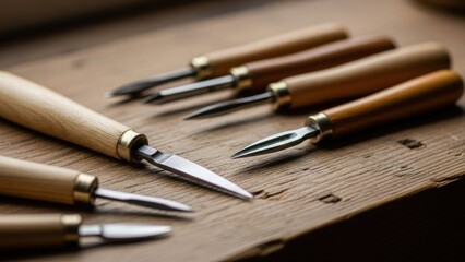 Close-up of woodworking chisels with wooden handles laid out on a wooden surface, highlighting their sharp blades