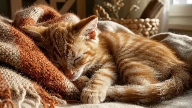 Ginger Kitten Comfortably Napping On Knitted Blanket In Cozy Home Interior Sunlight
