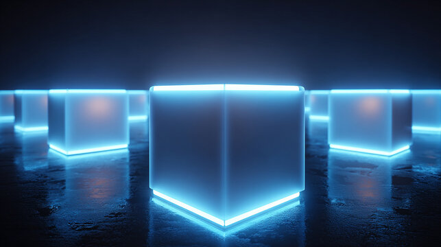 Futuristic grid of glowing blue cubes, creating a high-tech, digital, and immersive 3D environment, perfect for technology, abstract, and sci-fi visuals - Powered by Adobe