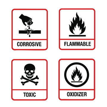 Gas safety symbols corrosive flammable toxic oxidizer pictogram icons set vector illustration