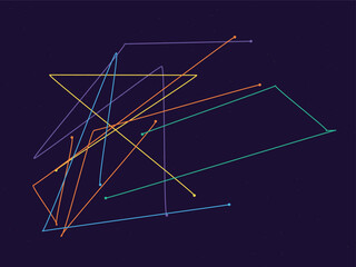 Colorful geometric shapes and lines on a dark background abstract