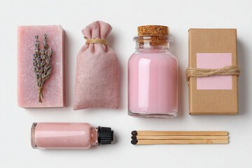 Aesthetic flat lay of pink spa and wellness products including soap lotion and matches