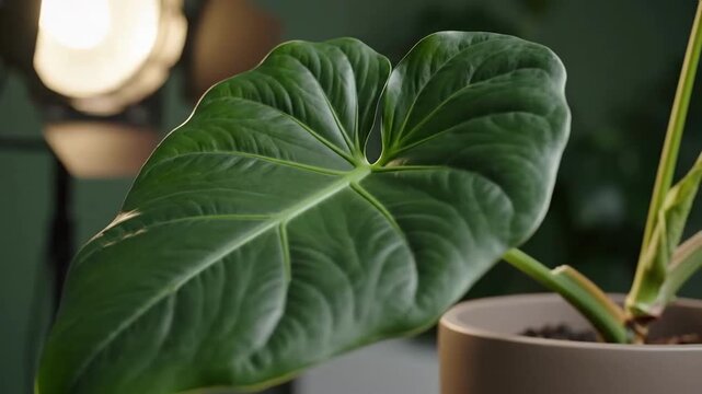 Elegant Close Up Of Anthurium Leaf In Gentle Studio Lighting On Dark Green Background