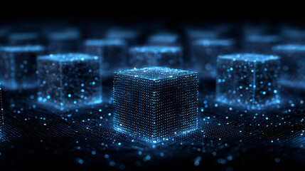 Futuristic grid of glowing blue cubes, creating a high-tech, digital, and immersive 3D environment, perfect for technology, abstract, and sci-fi visuals
