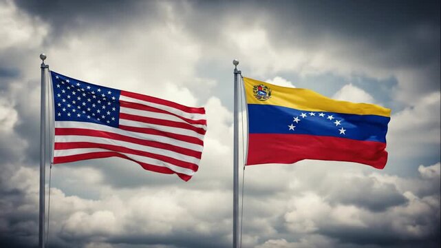 United States and Venezuela National Flags Flying in the Wind Against Dramatic Cloudy Sky