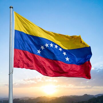 Bandera de Venezuela flamenado con el viento por detras un cielo despejado