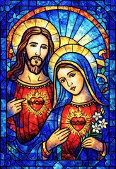 Sacred Heart of Jesus and Mary Stained Glass Style Christian Vector Illustration with Vibrant Blue Background
