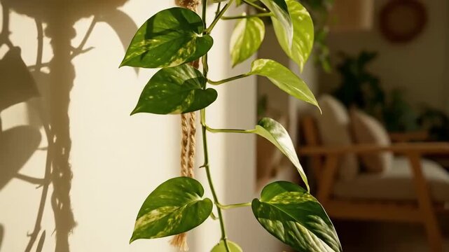 Golden Pothos Cascading In Natural Light Enhancing A Home Interior Minimalist Design