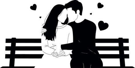 Romantic couple kissing on a bench with hearts around them in a loving moment