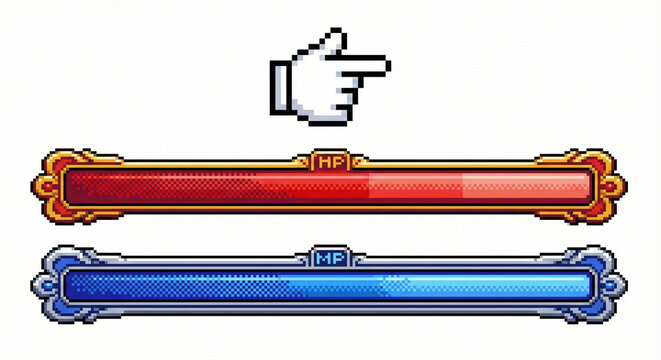 16ビットのドット絵ゲームUI素材。HP・MPゲージ（体力・魔力バー）と指カーソルのシステムアイコンセット。
