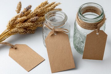 Natural rustic arrangement of wheat stalks and jars with kraft paper tags