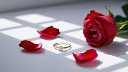Beautiful red rose and engagement ring on white surface