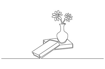 Continuous one line drawing of Book with flowers. Single line drawing illustration of Pot flower with stack of book. Self with clear space and stationery concept vector art. Doodle line illustration.