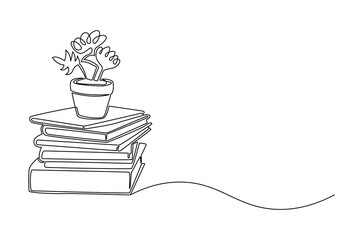 Continuous one line drawing of Book with flowers. Single line drawing illustration of Pot flower with stack of book. Self with clear space and stationery concept vector art. Doodle line illustration.