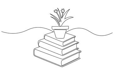 Continuous one line drawing of Book with flowers. Single line drawing illustration of Pot flower with stack of book. Self with clear space and stationery concept vector art. Doodle line illustration.