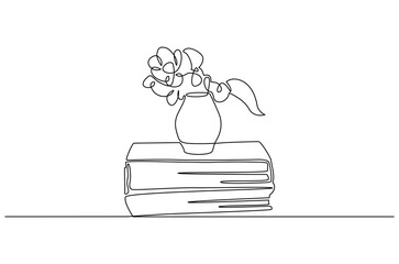 Continuous one line drawing of Book with flowers. Single line drawing illustration of Pot flower with stack of book. Self with clear space and stationery concept vector art. Doodle line illustration.