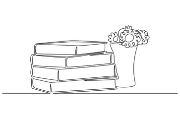 Continuous one line drawing of Book with flowers. Single line drawing illustration of Pot flower with stack of book. Self with clear space and stationery concept vector art. Doodle line illustration.
