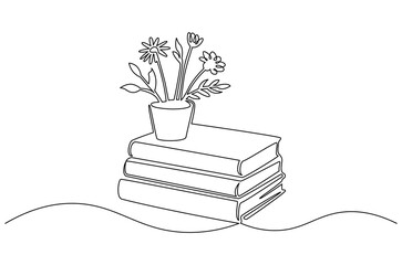 Continuous one line drawing of Book with flowers. Single line drawing illustration of Pot flower with stack of book. Self with clear space and stationery concept vector art. Doodle line illustration.