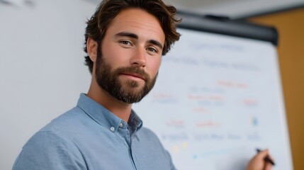 A confident professional man with a beard explains a business strategy using a marker on a whiteboard in a modern office meeting room