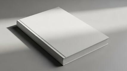 A blank white hardback book rests on a grey surface, bathed in light and shadow, suggesting a space for creative content or a clean slate for a story