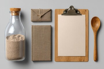 Rustic kitchen scene with a glass bottle of oats wooden blocks clipboard and spoon
