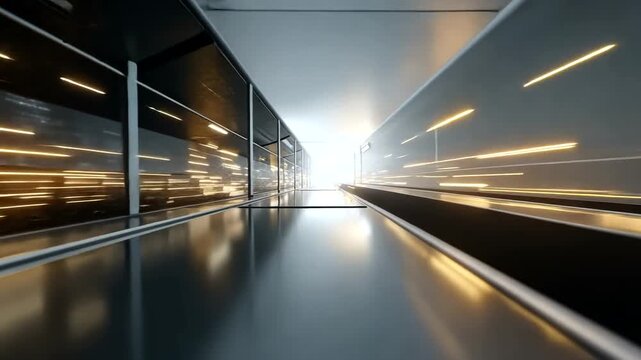 Modern reflective tunnel with light streaks implying motion, leading to a bright end