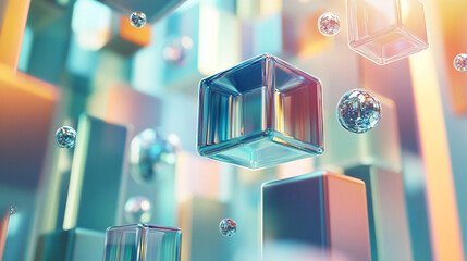 Glass and metal cubes and spheres in an abstract 3D geometric composition, highlighting minimalism, modern design, and futuristic digital aesthetics