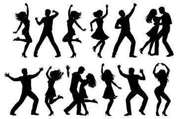 Obraz premium Silhouettes of dancing couples: energetic male and female figures in motion.