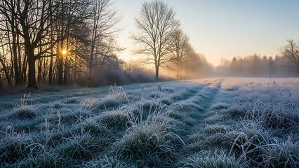 Serene winter morning landscape with frosty field and trees at sunrise