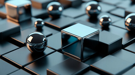 Glass and metal cubes and spheres in an abstract 3D geometric composition, highlighting minimalism, modern design, and futuristic digital aesthetics