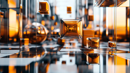 Glass and metal cubes and spheres in an abstract 3D geometric composition, highlighting minimalism, modern design, and futuristic digital aesthetics