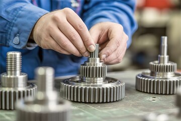 factory worker hand assemble metal gear. Assembly industry