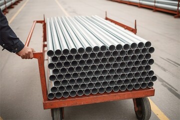 worker push cart with neat metal pipe stack. Transport industry supply
