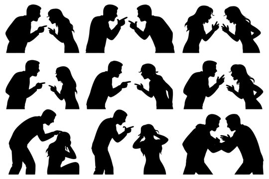 Silhouettes of different couples arguing and confronting each other.