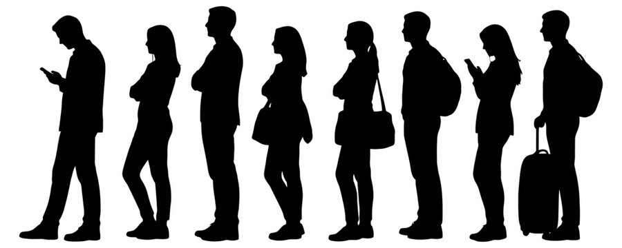 Silhouettes of diverse adults waiting in line: men and women standing with luggage.