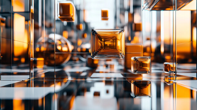Glass and metal cubes and spheres in an abstract 3D geometric composition, highlighting minimalism, modern design, and futuristic digital aesthetics - Powered by Adobe