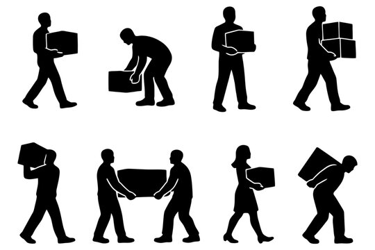 Silhouette figures moving boxes and furniture in various poses.