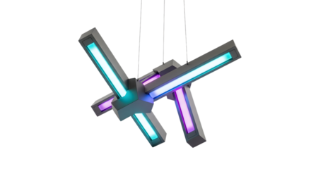 Abstract geometric chandelier with neon lights isolated on white background