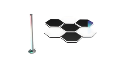 Hexagonal light panels with colorful beams isolated on white background