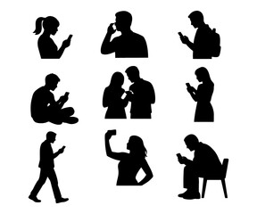 Silhouettes of diverse individuals engaging with mobile devices in various poses.