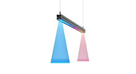 Hanging light with blue and pink beams isolated on white background